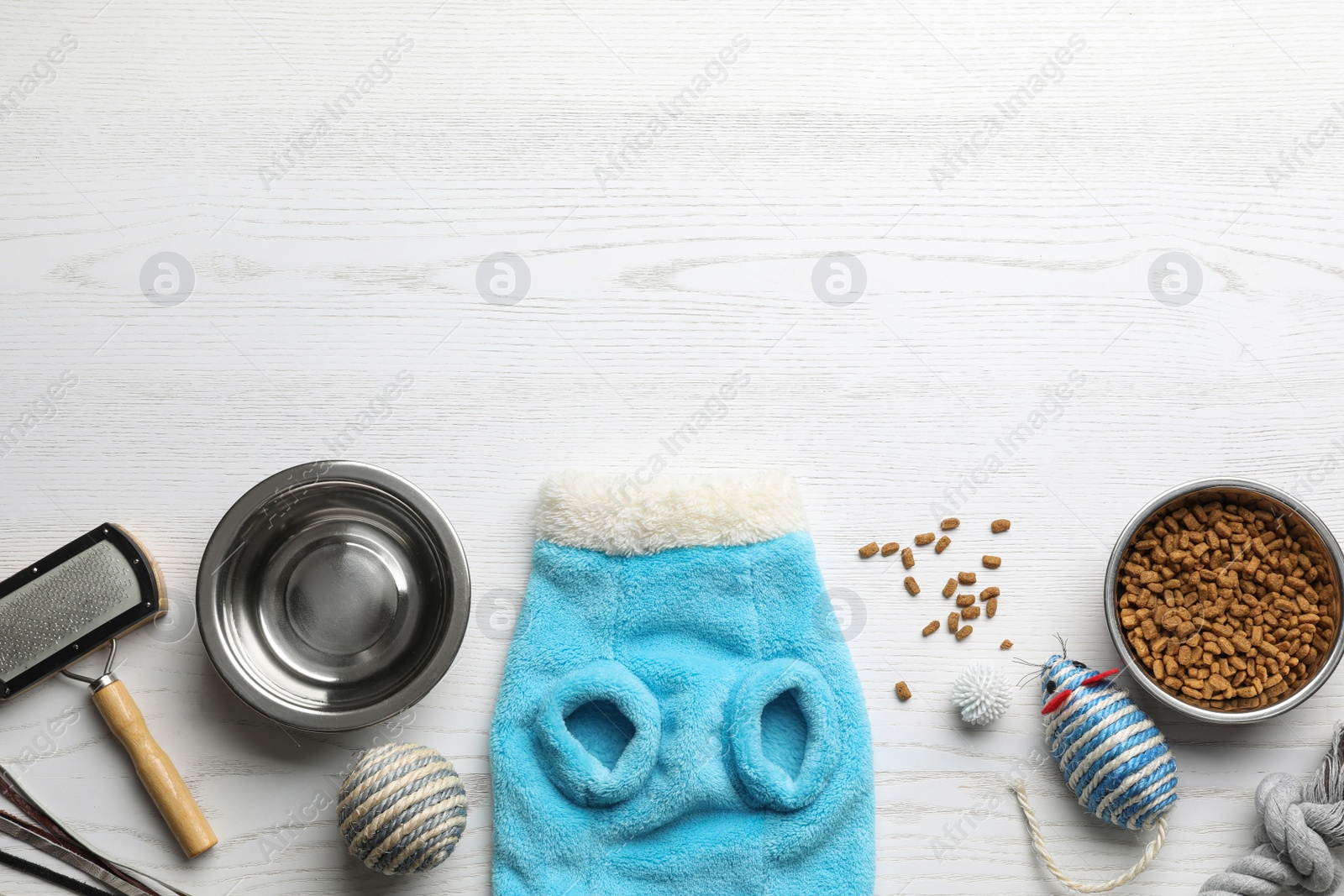 Photo of Flat lay composition with cat clothes, food and accessories on white wooden table. Space for text