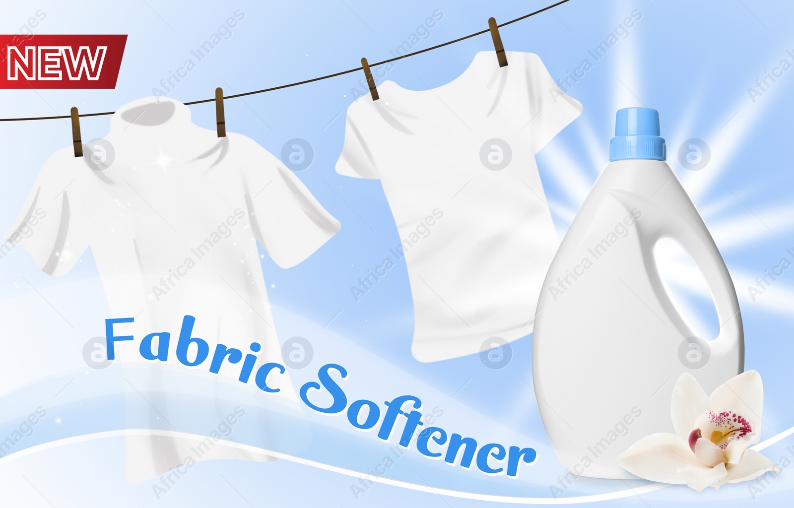 Image of Fabric softener advertising design. Bottle of conditioner, flower and illustration of laundry on light blue background