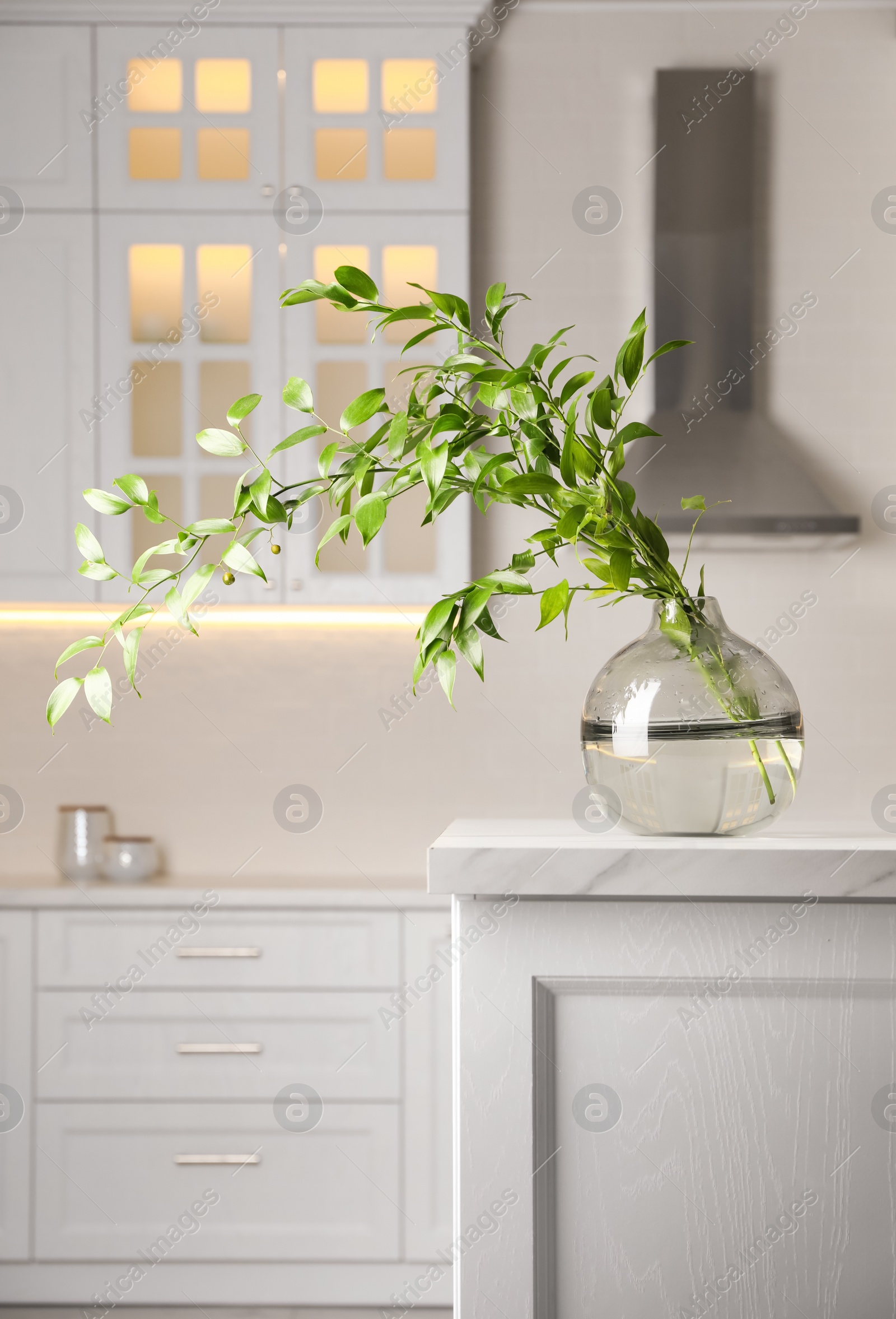 Photo of Decorative vase with branch on table in kitchen