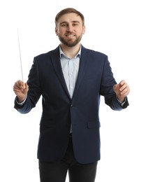 Photo of Music teacher with baton on white background