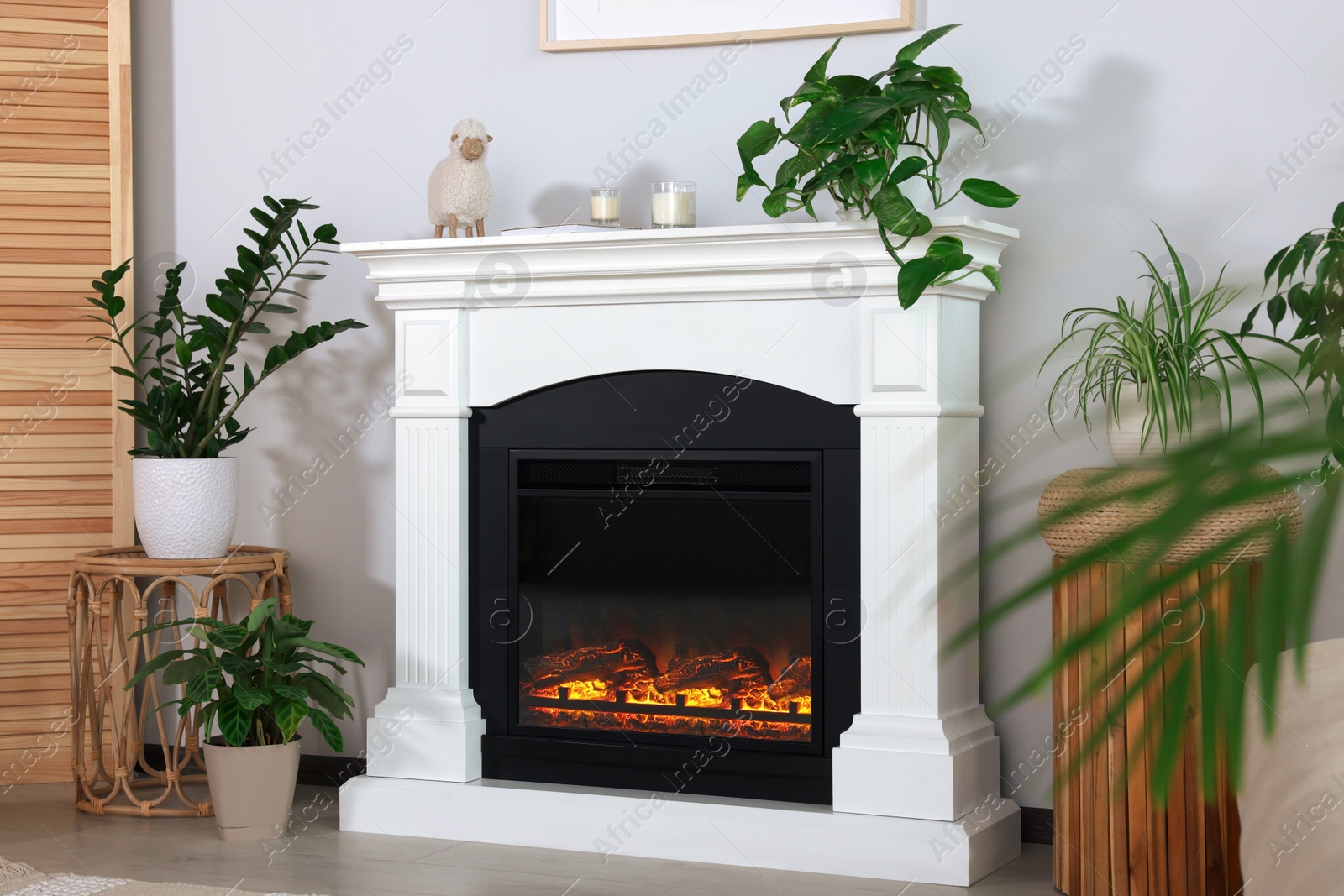 Photo of Beautiful living room interior with fireplace and green houseplants