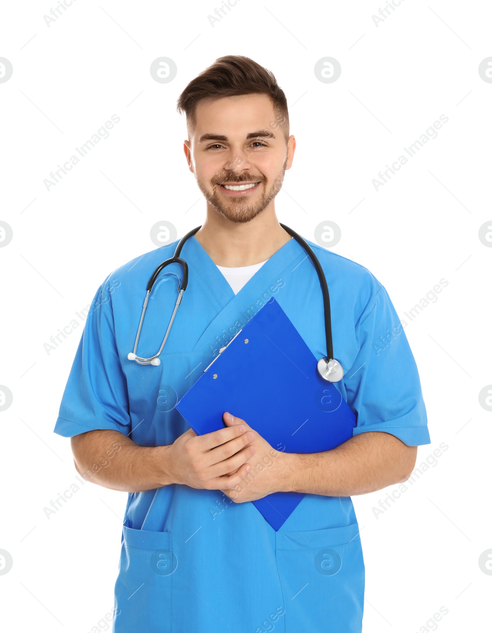 Photo of Portrait of medical doctor with clipboard and stethoscope isolated on white