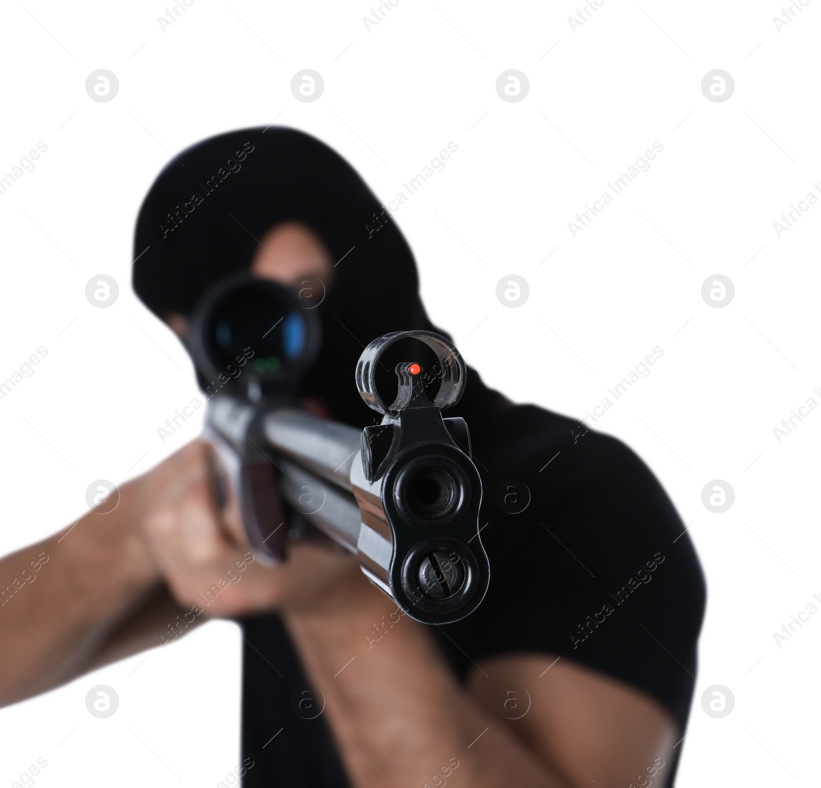 Photo of Professional killer with sniper rifle on white background