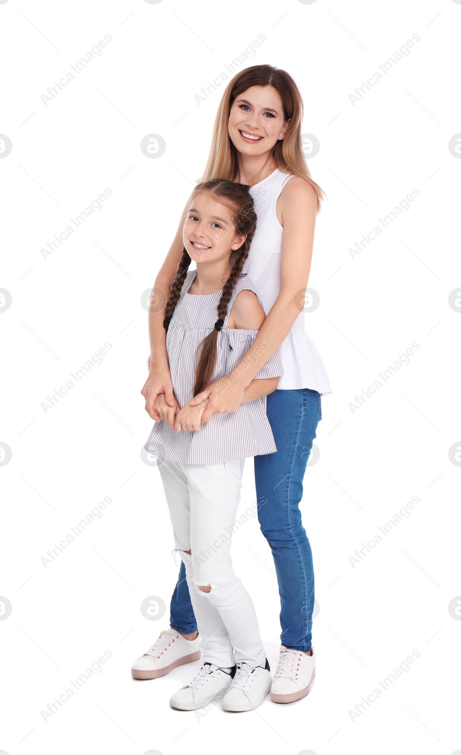 Photo of Mother with child on white background. Happy family