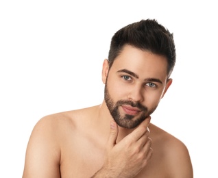 Photo of Handsome young man with beard after shaving on white background
