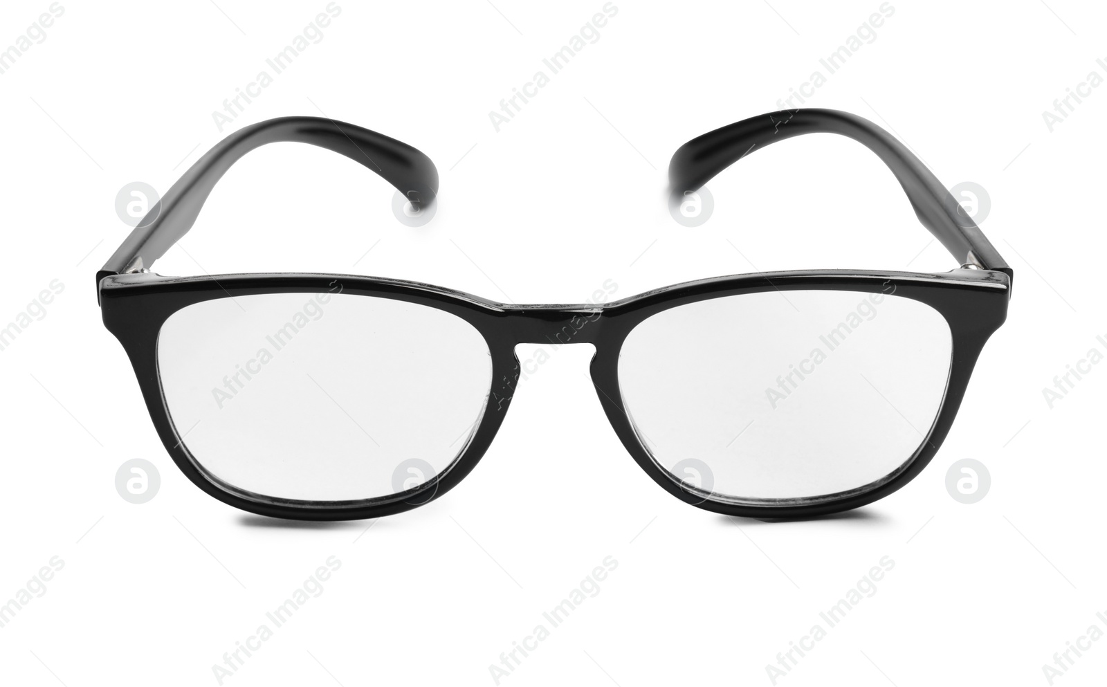 Photo of Stylish pair of glasses with black frame isolated on white