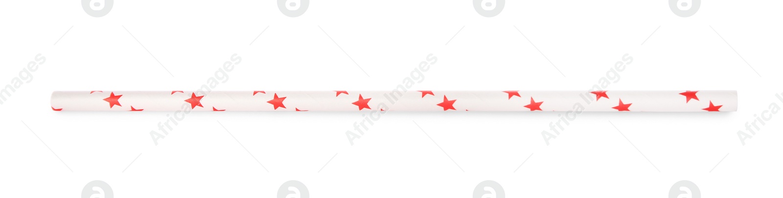 Photo of One paper straw with red stars for drinking isolated on white