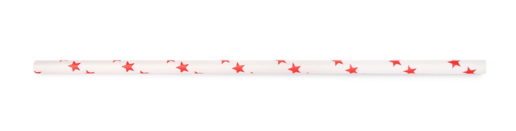 Photo of One paper straw with red stars for drinking isolated on white