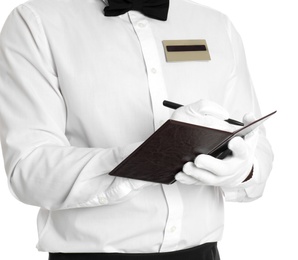 Photo of Waiter taking order on white background, closeup