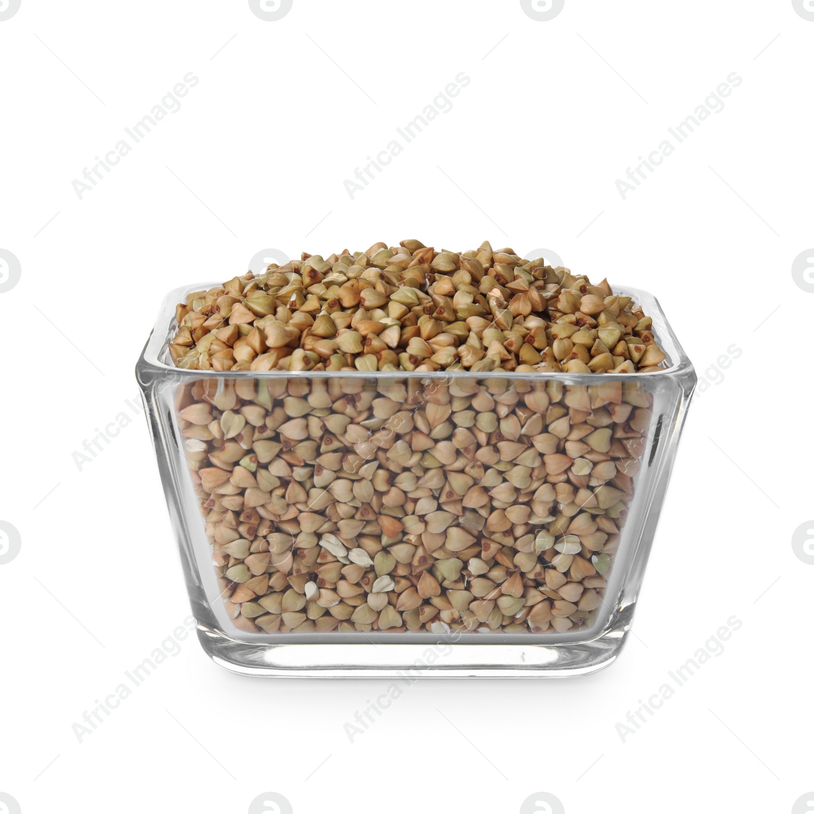 Photo of Organic green buckwheat in glass bowl isolated on white