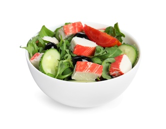Tasty crab stick salad in bowl isolated on white