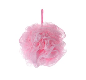 Photo of New pink shower puff isolated on white