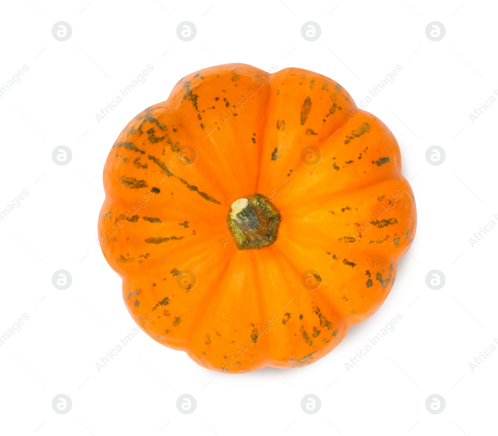 Photo of Fresh ripe pumpkin isolated on white, top view