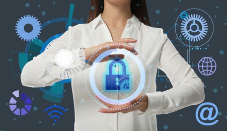 Image of Cyber security concept. Closeup view of woman and different virtual icons on grey background, illustration