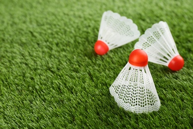 Badminton shuttlecocks on green grass outdoors, closeup. Space for text
