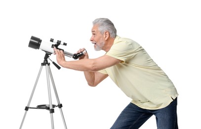 Senior astronomer with telescope on white background