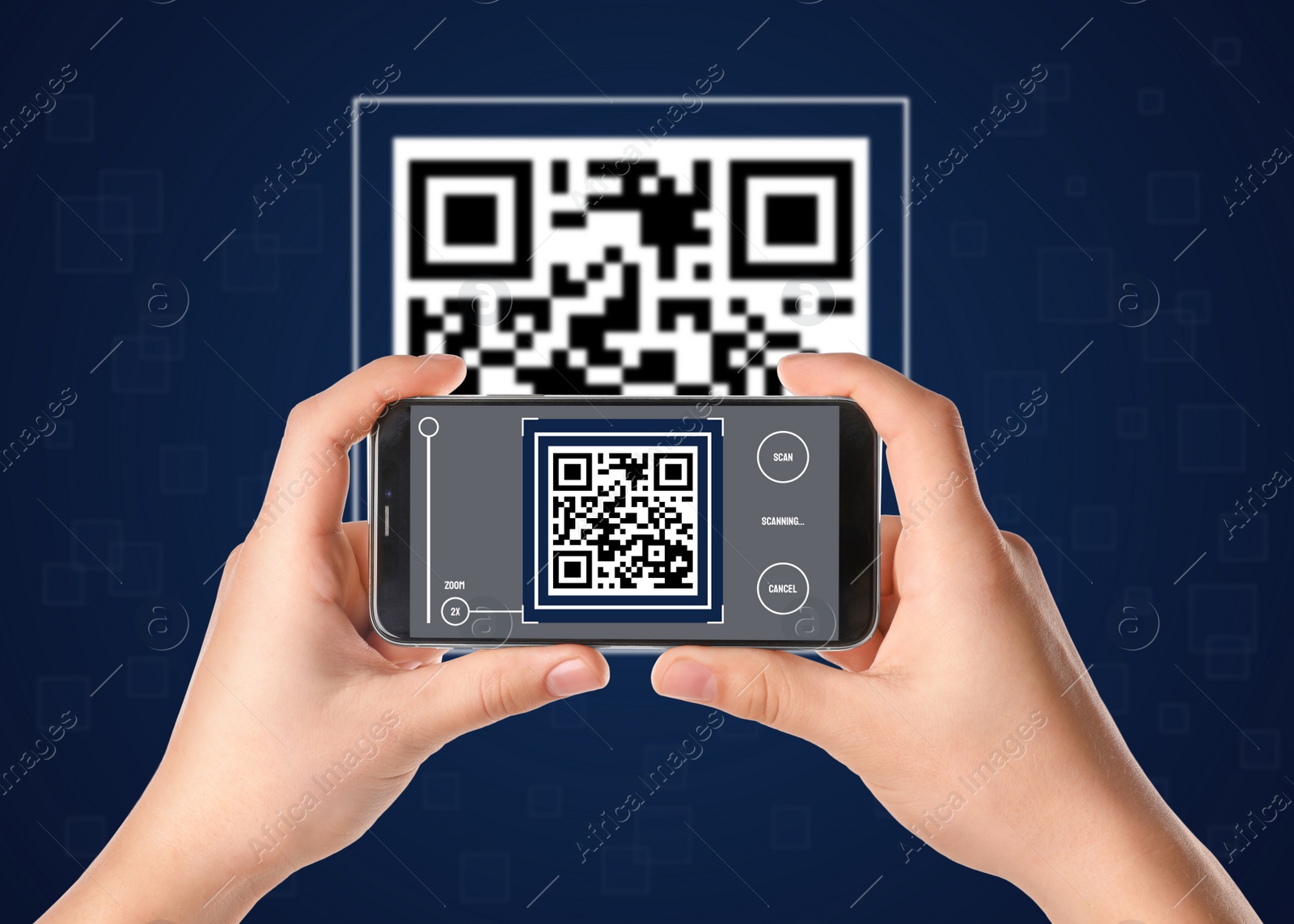 Image of Woman scanning QR code with smartphone on dark blue background, closeup