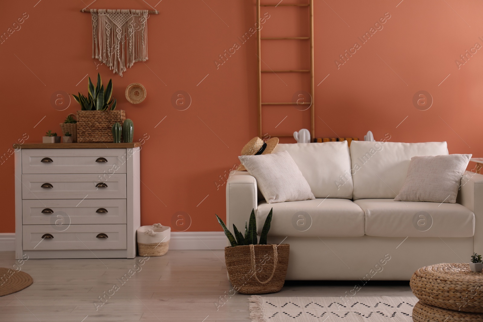 Photo of Stylish living room interior with comfortable sofa and potted plants