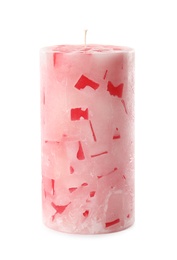 Photo of Scented color wax candle on white background