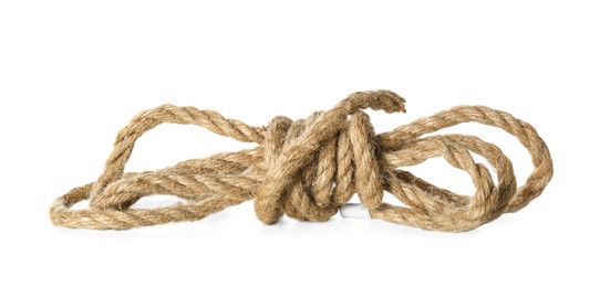 Photo of Bundle of hemp rope on white background