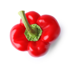 Photo of Ripe red bell pepper isolated on white, top view