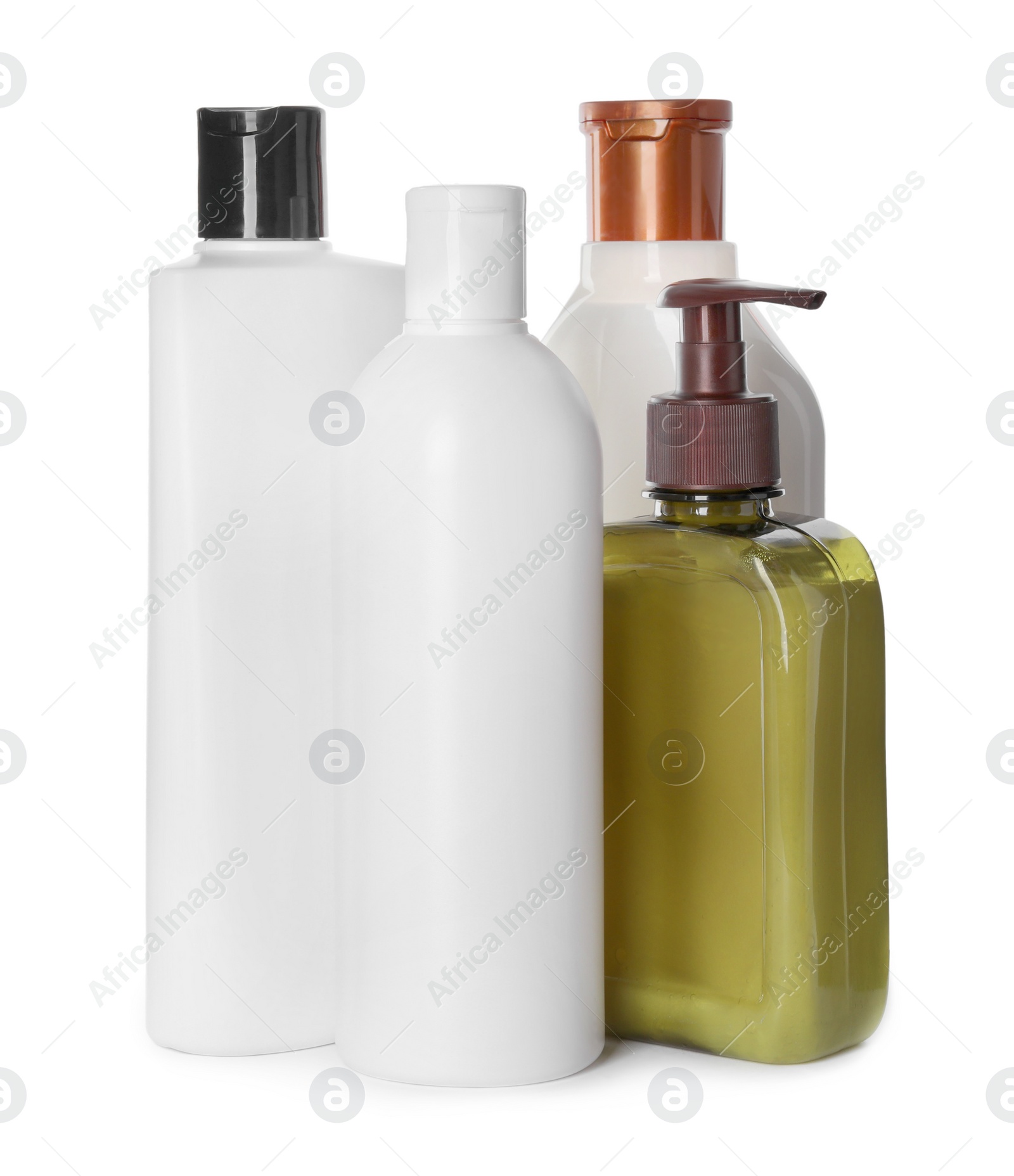 Photo of Different bottles of shampoo on white background