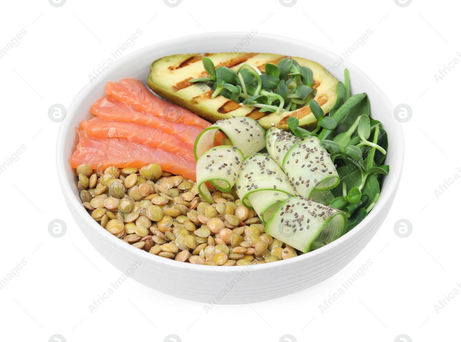 Photo of Delicious lentil bowl with salmon, avocado and cucumber on white background