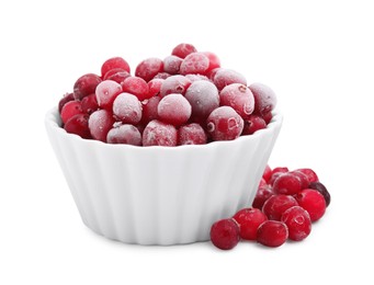 Photo of Frozen red cranberries in bowl isolated on white