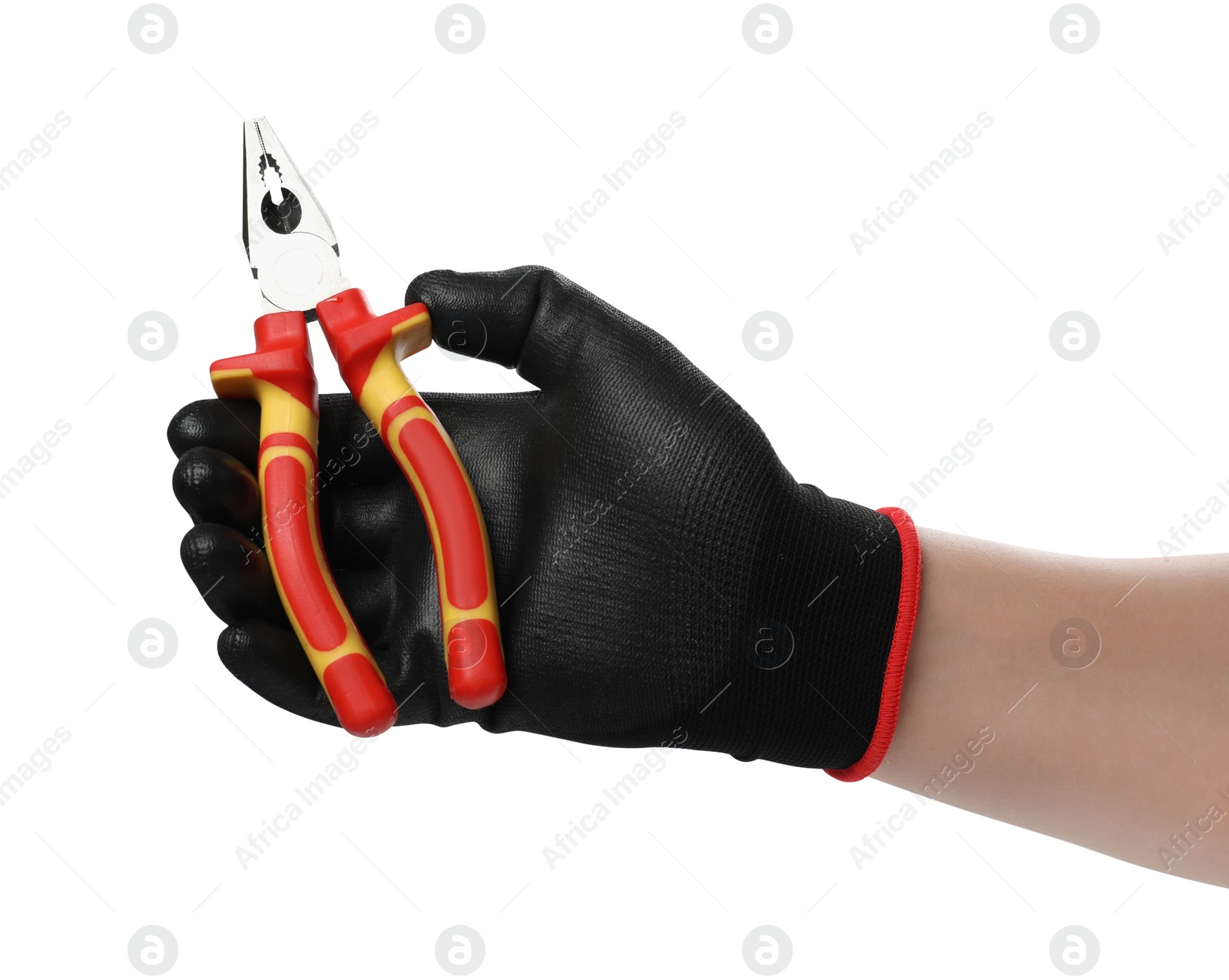 Photo of Man with diagonal pliers on white background, closeup