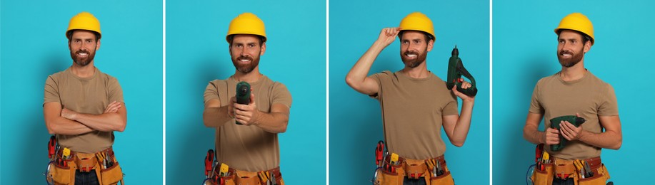 Photos of builder with construction tools on light blue background, collage design