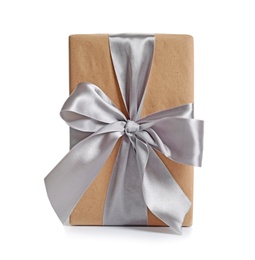 Photo of Beautifully wrapped gift box on white background