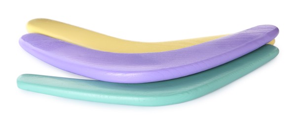 Photo of Set of color boomerangs on white background