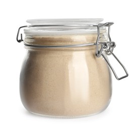 Photo of Glass jar of buckwheat flour isolated on white