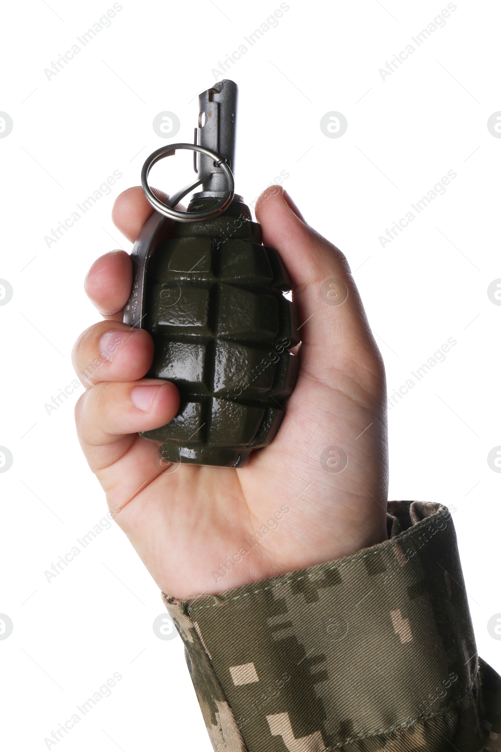 Photo of Soldier holding hand grenade on white background, closeup