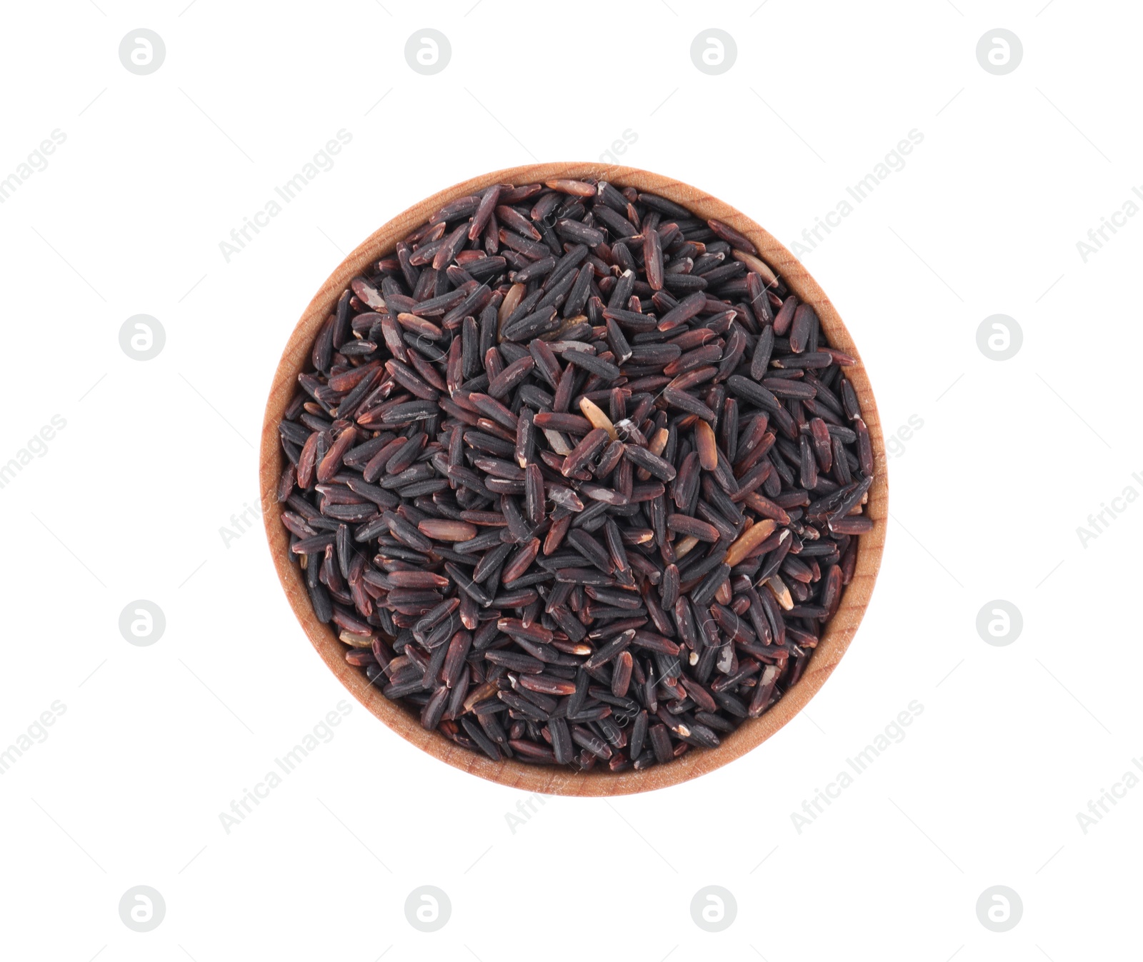 Photo of Bowl with raw black rice isolated on white, top view