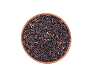 Photo of Bowl with raw black rice isolated on white, top view