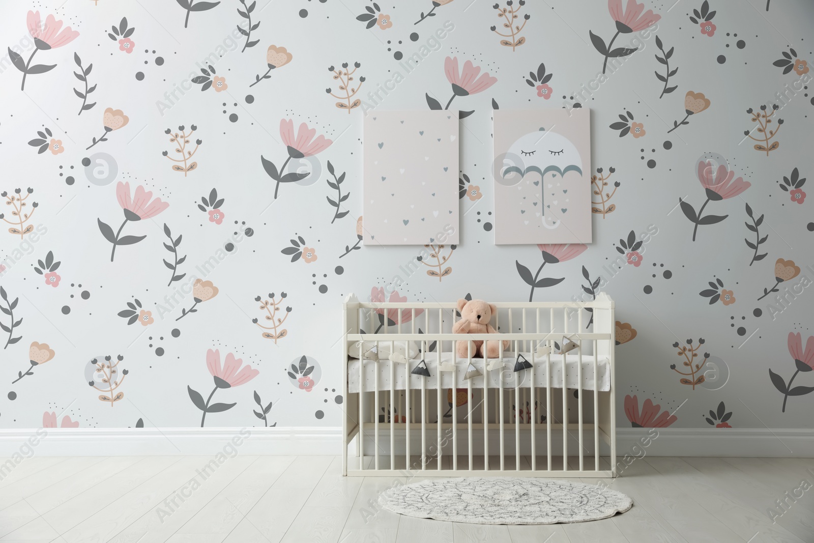 Image of Minimalist room interior with baby crib and cute wallpapers