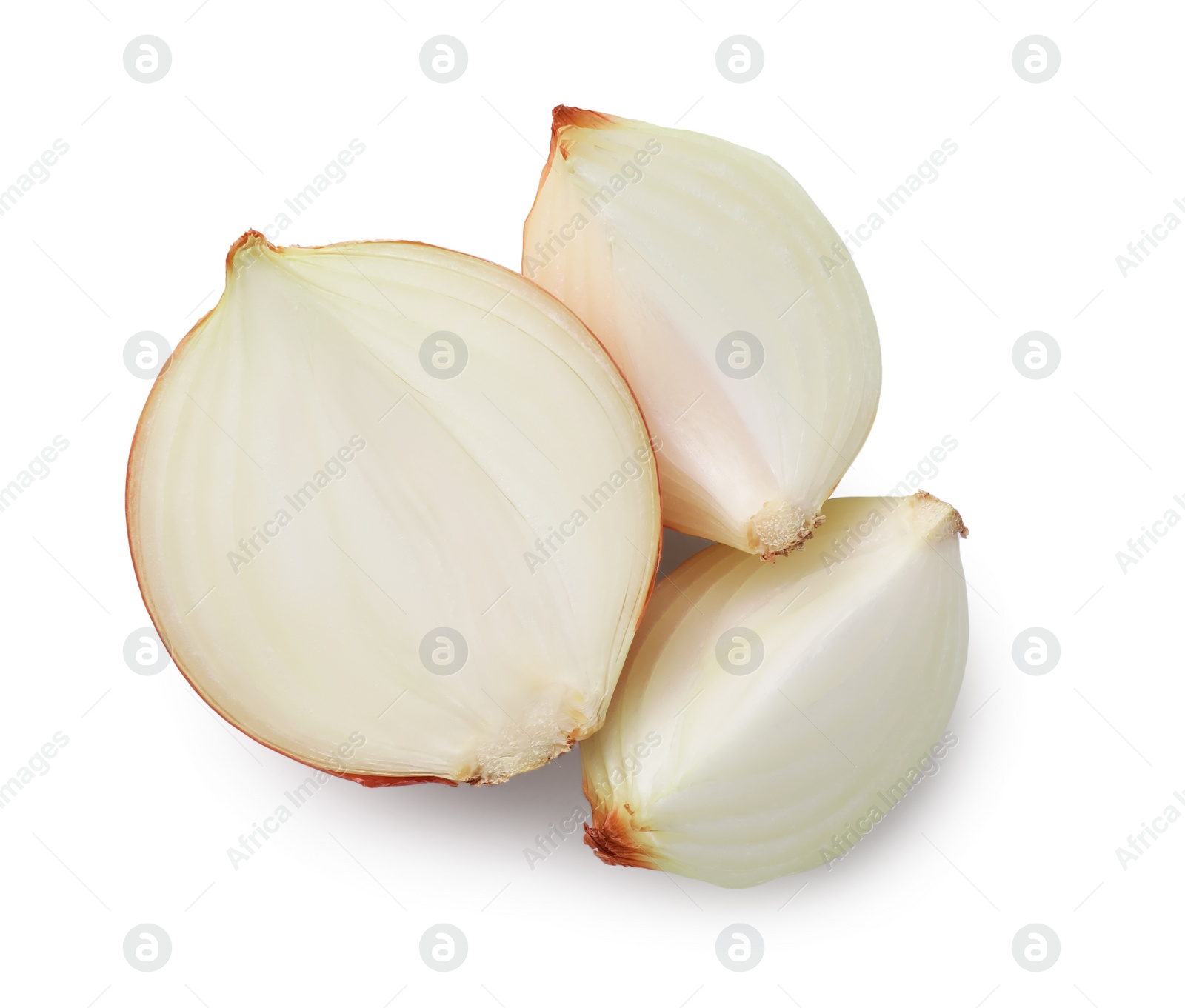 Photo of Pieces of fresh onion on white background, top view