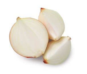 Pieces of fresh onion on white background, top view