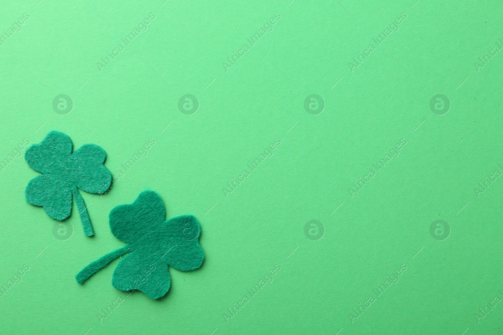 Photo of St. Patrick's day. Decorative clover leaves on green background, flat lay. Space for text