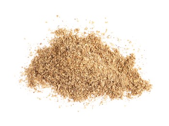 Photo of Heap of powdered coriander isolated on white, top view