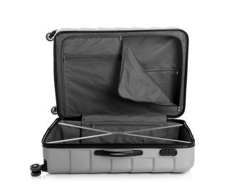 Photo of Open suitcase for travelling on white background