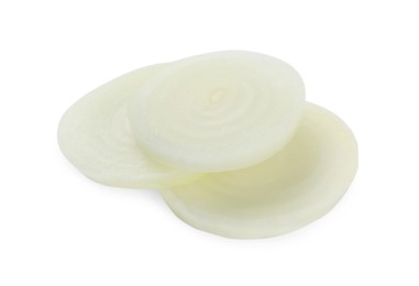 Photo of Slices of raw onion on white background