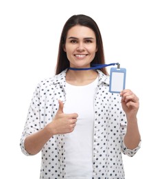 Photo of Happy woman with vip pass badge showing thumb up on white background