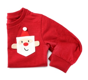Photo of Red jumper with Santa Claus face isolated on white, top view. Christmas baby clothes