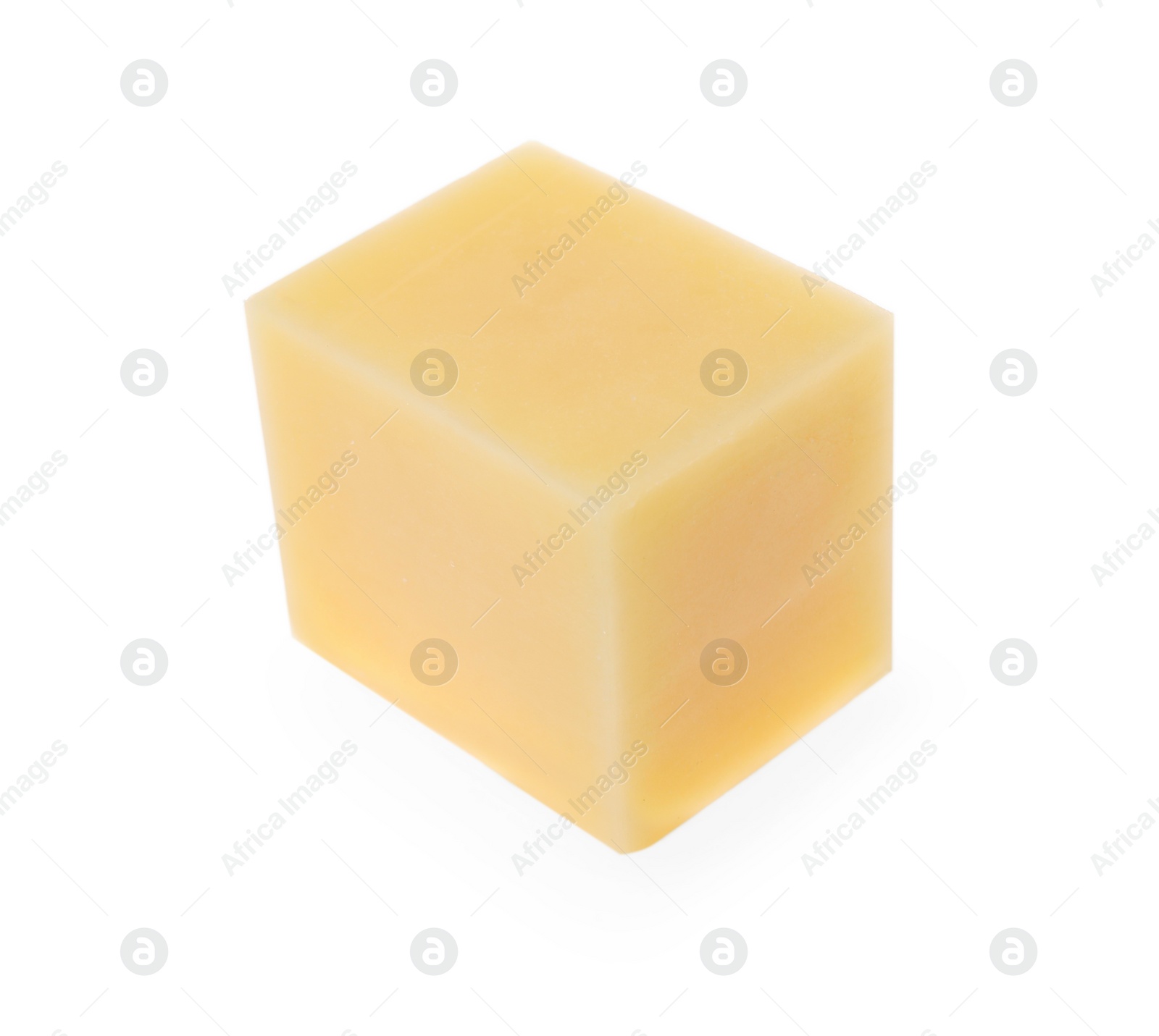 Photo of One cube of tasty cheese isolated on white