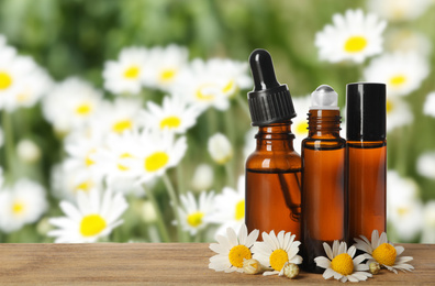 Bottles of essential oil and chamomile flowers on wooden table against blurred background. Space for text