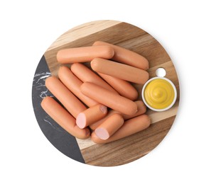 Photo of Delicious boiled sausages and sauce isolated on white, top view