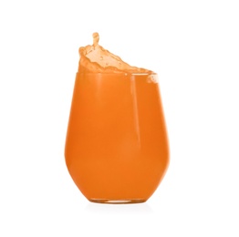 Photo of Juice splashing out of glass on white background