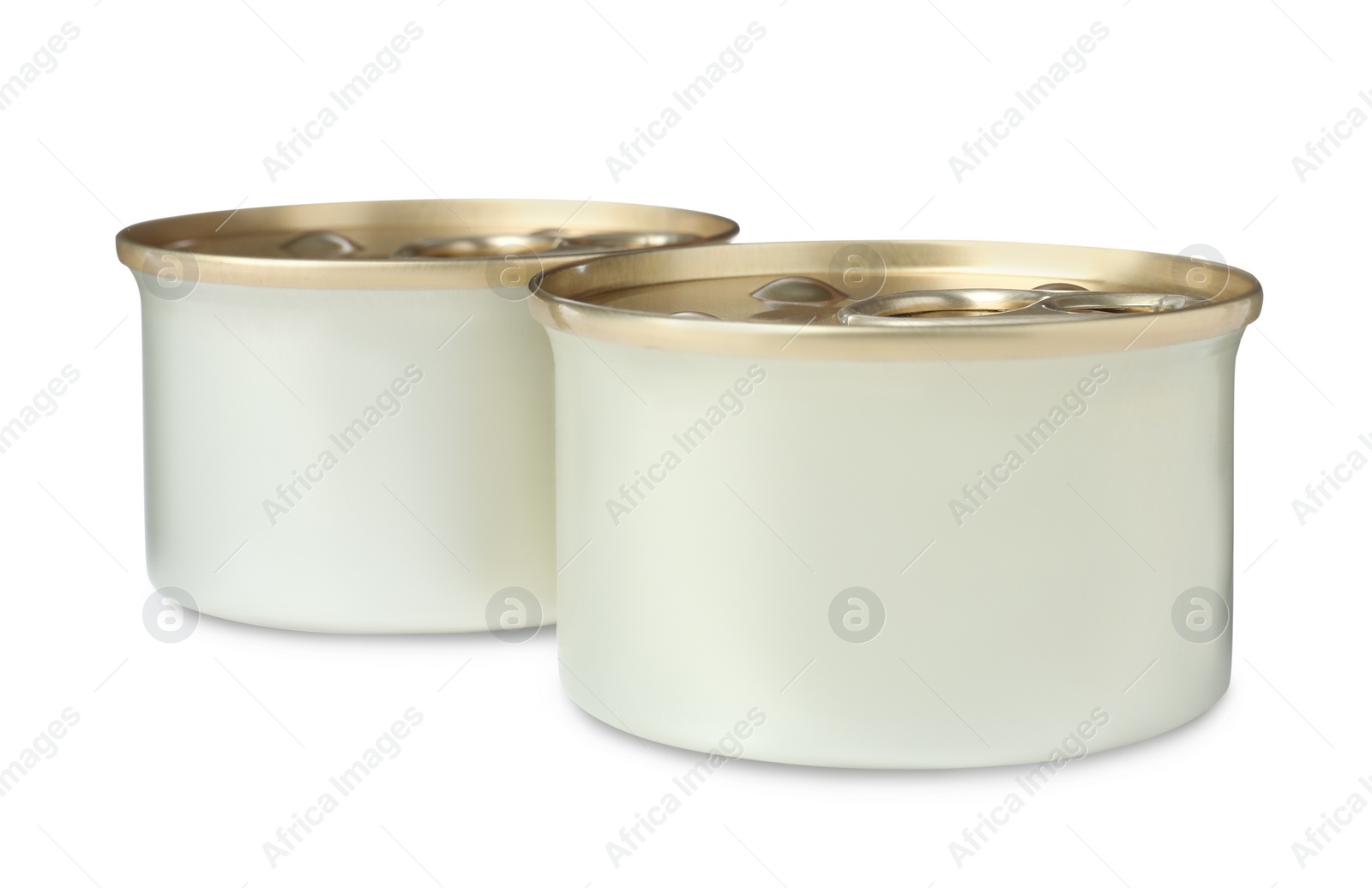 Photo of Tin cans of wet pet food on white background